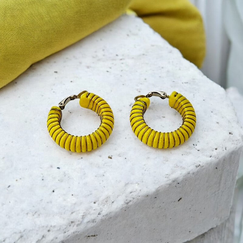 Vintage 1970s French Yellow Plastic Silver Tone Wrapped Hoops Clip-On Earrings