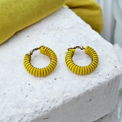 Vintage 1970s French Yellow Plastic Silver Tone Wrapped Hoops Clip-On Earrings