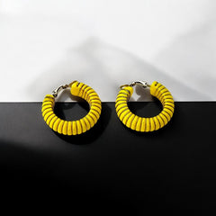 Vintage 1970s French Yellow Plastic Silver Tone Wrapped Hoops Clip-On Earrings