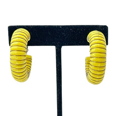 Vintage 1970s French Yellow Plastic Silver Tone Wrapped Hoops Clip-On Earrings