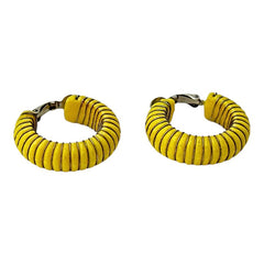 Vintage 1970s French Yellow Plastic Silver Tone Wrapped Hoops Clip-On Earrings