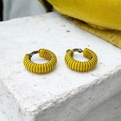 Vintage 1970s French Yellow Plastic Silver Tone Wrapped Hoops Clip-On Earrings