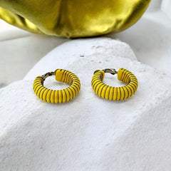 Vintage 1970s French Yellow Plastic Silver Tone Wrapped Hoops Clip-On Earrings