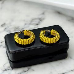 Vintage 1970s French Yellow Plastic Silver Tone Wrapped Hoops Clip-On Earrings