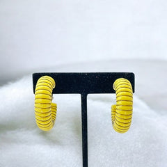 Vintage 1970s French Yellow Plastic Silver Tone Wrapped Hoops Clip-On Earrings