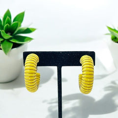 Vintage 1970s French Yellow Plastic Silver Tone Wrapped Hoops Clip-On Earrings