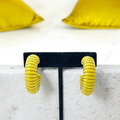 Vintage 1970s French Yellow Plastic Silver Tone Wrapped Hoops Clip-On Earrings