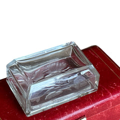 Vintage 1940s clear glass vanity box with reversed etched floral and butterfly design, beveled lid, and frosted detailing—perfect for jewelry, trinkets, or decorative display.