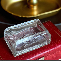 Vintage 1940s clear glass vanity box with reversed etched floral and butterfly design, beveled lid, and frosted detailing—perfect for jewelry, trinkets, or decorative display.
