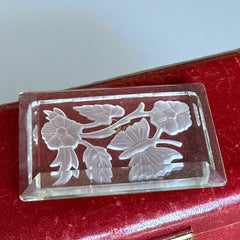 Vintage 1940s clear glass vanity box with reversed etched floral and butterfly design, beveled lid, and frosted detailing—perfect for jewelry, trinkets, or decorative display.
