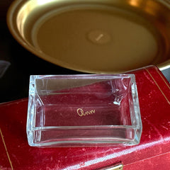 Vintage 1940s clear glass vanity box with reversed etched floral and butterfly design, beveled lid, and frosted detailing—perfect for jewelry, trinkets, or decorative display.
