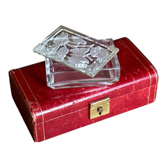 Vintage 1940s clear glass vanity box with reversed etched floral and butterfly design, beveled lid, and frosted detailing—perfect for jewelry, trinkets, or decorative display.