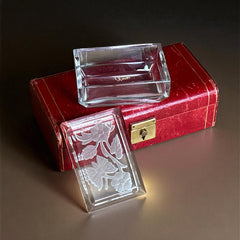 Vintage 1940s clear glass vanity box with reversed etched floral and butterfly design, beveled lid, and frosted detailing—perfect for jewelry, trinkets, or decorative display.