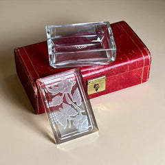 Vintage 1940s clear glass vanity box with reversed etched floral and butterfly design, beveled lid, and frosted detailing—perfect for jewelry, trinkets, or decorative display.