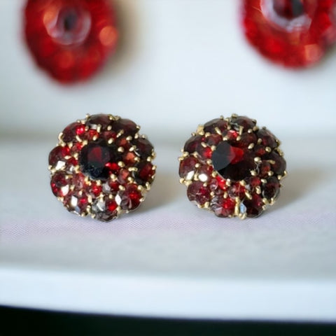 Vintage Victorian Revival Bohemian Rose Cut Garnet Cluster Earrings