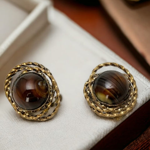 Vintage German Brown Porphyry Glass Brass Clip-On Earrings