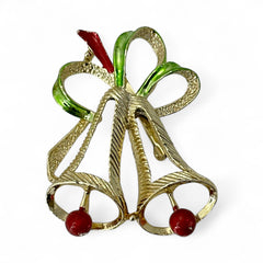Vintage Gerry’s Christmas bells brooch in gold tone metal with red and green enamel ribbon, signed on back, festive mid-century holiday jewelry.
