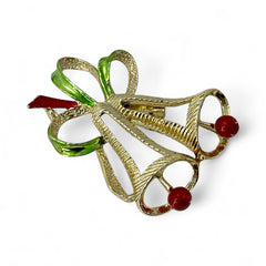 Vintage Gerry’s Christmas bells brooch in gold tone metal with red and green enamel ribbon, signed on back, festive mid-century holiday jewelry.