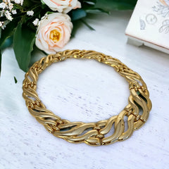 Vintage Chunky Wide Wavy Graduated Gold Tone Links Collar Necklace