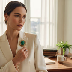 Vintage brooch pendant with mottled green glass cabochon, faux pearls, and ornate gold tone filigree, photographed front and back to highlight its 1960s–70s revival style and dual-wear functionality.