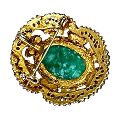 Vintage brooch pendant with mottled green glass cabochon, faux pearls, and ornate gold tone filigree, photographed front and back to highlight its 1960s–70s revival style and dual-wear functionality.