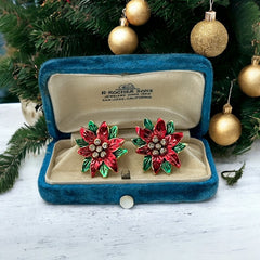 Vintage Red and Green Enamel Poinsettia Clip-on Earrings