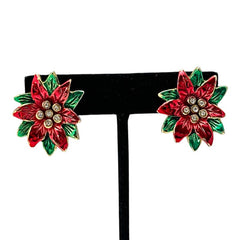 Vintage Red and Green Enamel Poinsettia Clip-on Earrings