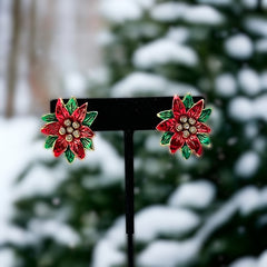 Vintage Red and Green Enamel Poinsettia Clip-on Earrings