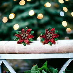 Vintage Red and Green Enamel Poinsettia Clip-on Earrings