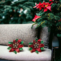 Vintage Red and Green Enamel Poinsettia Clip-on Earrings