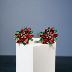 Vintage Red and Green Enamel Poinsettia Clip-on Earrings