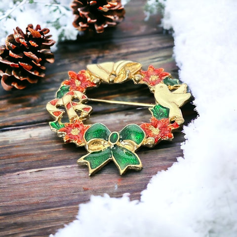 Vintage Colorful Enamel Christmas Wreath Brooch