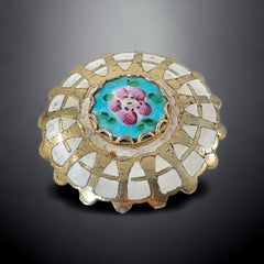 Vintage Guilloche Enamel Blue &amp; Pink Flower Round Brooch