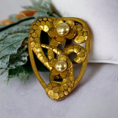 Vintage Art Deco Hammered Gold Plated Floral Shield Dress Clip