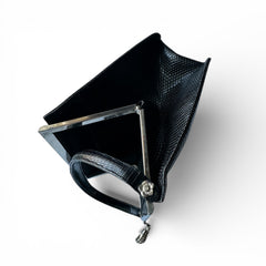 Vintage black Harry Rosenfeld handbag made of mixed exotic skins with a textured body, curved exotic-skin handle, and pavé rhinestone fruit clasp, shown from various angles including the satin-lined interior with signature label.