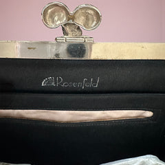 Vintage black Harry Rosenfeld handbag made of mixed exotic skins with a textured body, curved exotic-skin handle, and pavé rhinestone fruit clasp, shown from various angles including the satin-lined interior with signature label.