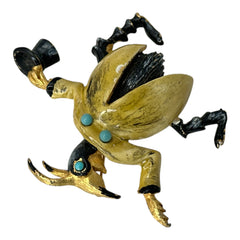 Signed Hattie Carnegie vintage bug brooch with yellow enamel coat, black top hat, turquoise cabochons, and gold-tone details—whimsical mid-century costume jewelry
