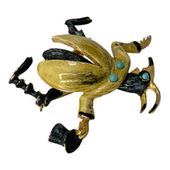 Signed Hattie Carnegie vintage bug brooch with yellow enamel coat, black top hat, turquoise cabochons, and gold-tone details—whimsical mid-century costume jewelry