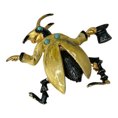 Signed Hattie Carnegie vintage bug brooch with yellow enamel coat, black top hat, turquoise cabochons, and gold-tone details—whimsical mid-century costume jewelry