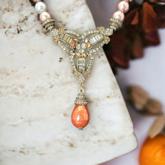 Vintage Heidi Daus Rhinestones Pendant and Pearls Necklace | Fall Colors Designer Statement Necklace | Holiday Gift Idea