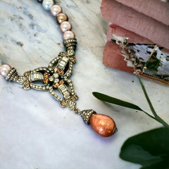 Vintage Heidi Daus Rhinestones Pendant and Pearls Necklace | Fall Colors Designer Statement Necklace | Holiday Gift Idea