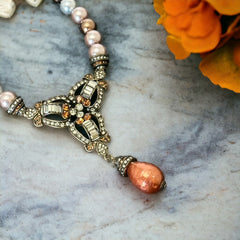 Vintage Heidi Daus Rhinestones Pendant and Pearls Necklace | Fall Colors Designer Statement Necklace | Holiday Gift Idea