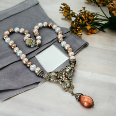 Vintage Heidi Daus Rhinestones Pendant and Pearls Necklace | Fall Colors Designer Statement Necklace | Holiday Gift Idea