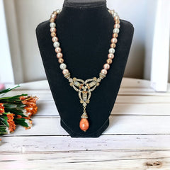 Vintage Heidi Daus Rhinestones Pendant and Pearls Necklace | Fall Colors Designer Statement Necklace | Holiday Gift Idea