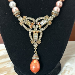 Vintage Heidi Daus Rhinestones Pendant and Pearls Necklace | Fall Colors Designer Statement Necklace | Holiday Gift Idea