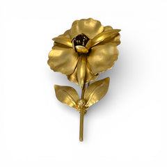 Vintage 1965 Hobé goldtone large flower brooch with dimensional petals, textured leaves, and a hidden locket compartment.