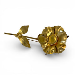 Vintage 1965 Hobé goldtone large flower brooch with dimensional petals, textured leaves, and a hidden locket compartment.