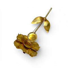 Vintage 1965 Hobé goldtone large flower brooch with dimensional petals, textured leaves, and a hidden locket compartment.