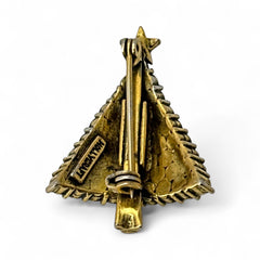 Vintage Hollycraft Christmas tree brooch with clear Aurora Borealis rhinestones in a gold-tone setting, featuring a gold star at the top and a red rhinestone base. Signed on the reverse and measuring approximately 1 3/8 inches tall by 1 inch wide.