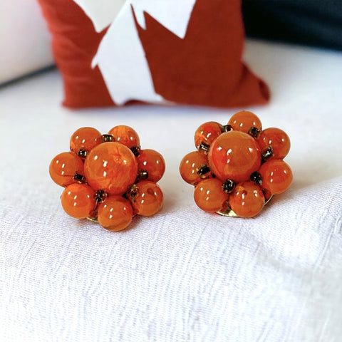 Vintage 1950's Hong-Kong Orange Cluster Floral Earrings